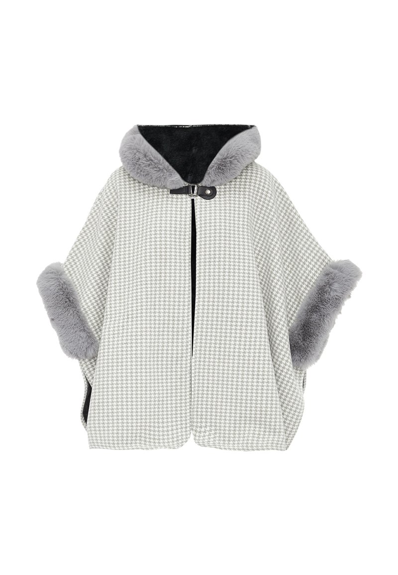 Poncho dengan pola houndstooth dalam kain abu-abu terang, dilengkapi dengan hood dan manset bulu sintetis abu-abu yang lembut, serta penutupan dengan satu kancing di leher.