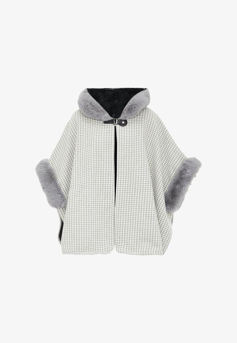 Houndstooth-patterned poncho in light gray fabric, featuring a soft gray faux fur hood and cuffs, and a single button closure at the neck.
