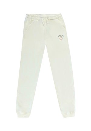 Lichtgekleurde sweatpants van zacht materiaal. Heeft een elastische tailleband, twee zijzakken en een gedrukt logo op de linker bovenbeen.