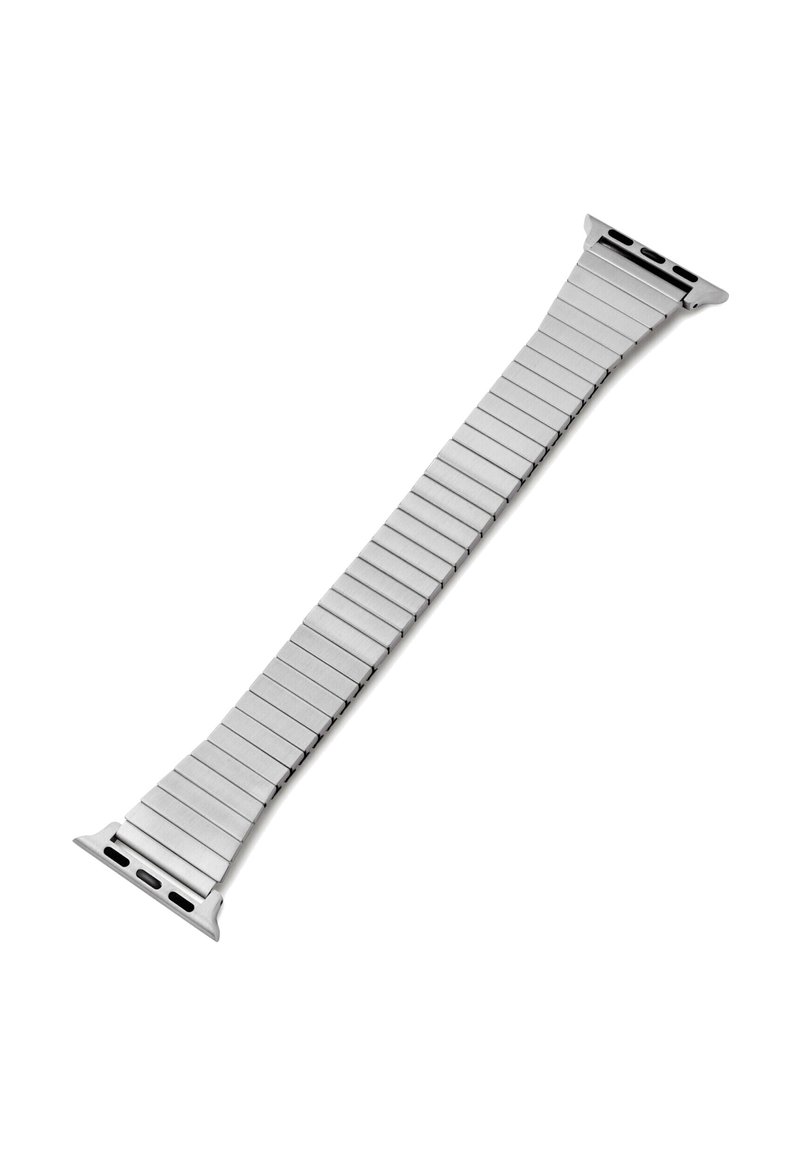 Bracelet de montre en acier inoxydable avec un design élégant et étroit. Comprend des segments plats individuels et deux points d'attache à chaque extrémité.