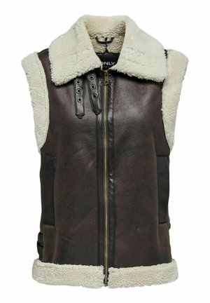 Brun faux læder ærmeløs vest med en fluffy cremet krave, lynlås foran, sidelommer og dekorative hardware-detaljer.