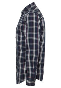 Langarmhemd in Marineblau mit weißem und rotem Karomuster, mit Button-Down-Kragen und Manschetten, gefertigt aus einem glatten Stoff.