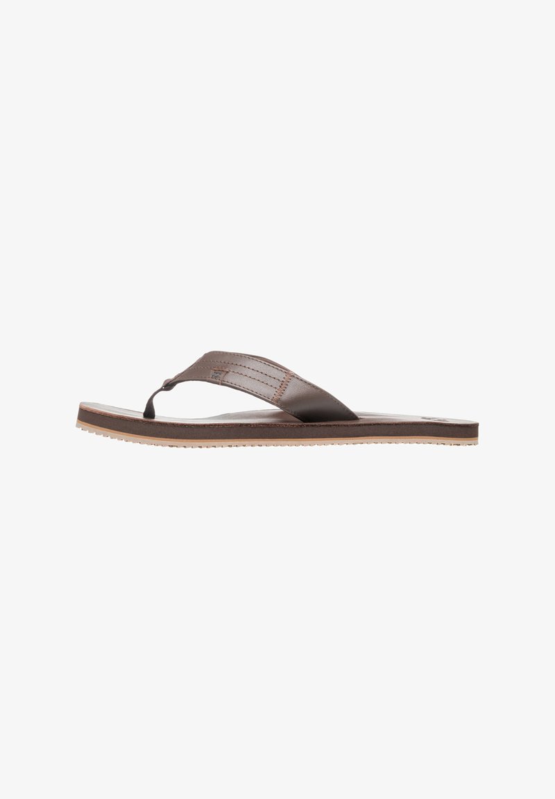 Brown leather flip-flop with a Y-shaped strap, flat sole, and textured outsole for grip. Minimalist design with a simple brown color scheme.