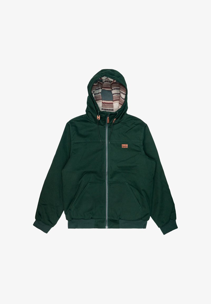 Green zip-up hooded jacket with two front pockets, elastic waistband, and a patterned lining featuring stripes in earth tones.