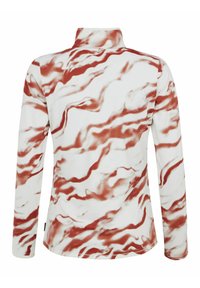 Langarmshirt mit weißem Grund und rotem wellenförmigen Marmor-Muster, weichem Stoff und Stehkragen. Minimale sichtbare Logos oder Akzente.