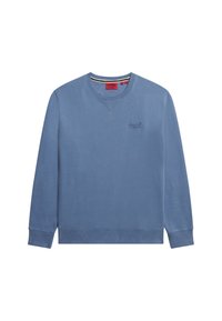Blauwe katoenen sweatshirt met lange mouwen, ronde hals en ribbetjes aan de manchetten. Heeft een geborduurd logo op de borst en een gladde textuur.