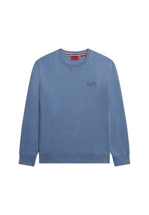 Sudadera de algodón azul con mangas largas, cuello redondo y puños acanalados. Presenta un logo bordado en el pecho y una textura suave.