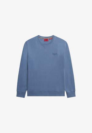 Sweatshirt en coton bleu à manches longues, col ras du cou et poignets côtelés. Présente un logo brodé sur la poitrine et une texture lisse.