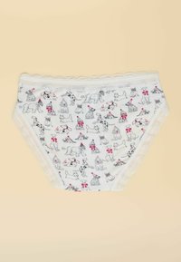 Lenjerie intimă albă pentru femei, cu dantelă, având un model jucăuș cu câini purtând pălării de petrecere roșii și funde pe un fundal bej.