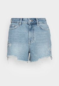 Denim shorts in light blue with a frayed hem, distressed details on the front, and a traditional five-pocket design.