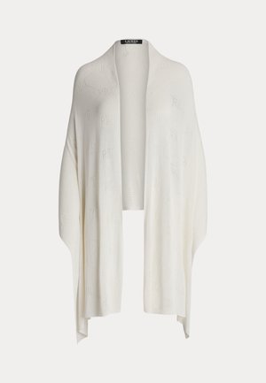 Witte, openvallende gebreide sjawl met subtiel patroon en vallende zijkanten, met het label Lauren Ralph Lauren bij de kraag.