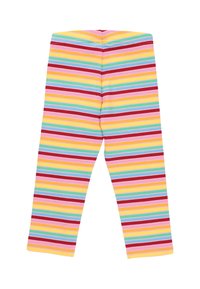 Gestreifte Leggings aus Baumwolle, mit horizontalen Streifen in Rot, Pink, Gelb und Blau. Gummibund, enganliegendes Design, Knöchellänge.
