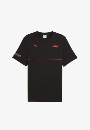 Melnas kokvilnas T-krekls ar īsām piedurknēm, ar sarkanu horizontālu svītru, Puma logotipu un Formula 1 zīmolu uz krūšu un piedurknes.