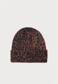 Berretto lavorato a maglia in stampa leopardo marrone e nero. Realizzato in materiale morbido con un bordo arrotolato e una texture a coste. Forma aderente.