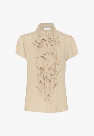 Bež srajca s kratkimi rokavi, okrašena s volančki po sprednji strani, okrogel ovratnik in zapiranje na gumbe. Narejena je iz lahkega, teksturiranega materiala.