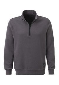 Gray pullover sweatshirt featuring a quarter-zip collar, long sleeves, ribbed cuffs, and a small brand label on the bottom left side.