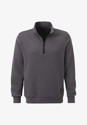 Grauer Pullover-Sweatshirt mit einem Viertelreißverschluss-Kragen, langen Ärmeln, gerippten Bündchen und einem kleinen Markenlabel auf der linken Unterseite.