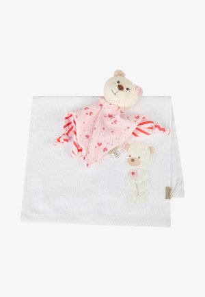 Soft white baby blanket with embroidered bear holding a flower and a pink bear plush toy attached with striped arms and heart patterns.