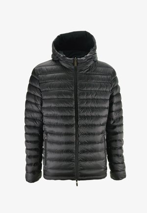 Giacca a vento trapuntata nera con cappuccio, chiusura frontale con zip e tasche laterali con zip, progettata per il freddo.
