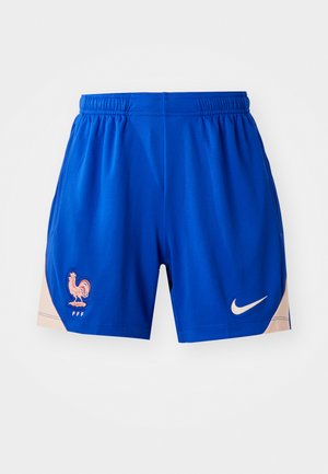 Blue sports shorts made of lightweight fabric, featuring a rooster logo in blue and pink accents on the side. Nike logo printed in white.