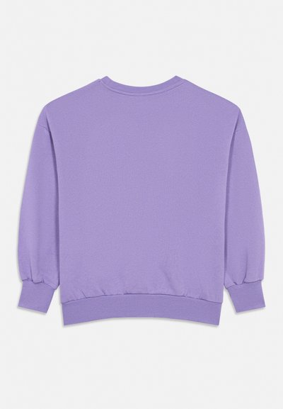 Lilac purple long-sleeve sweatshirt with ribbed cuffs, hem, and crew neckline, shown from the back on a white background.