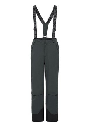 Grå vanntette bukser med justerbare svarte seler, glidelåslommer og forsterkede nedre seksjoner. Glatt tekstur med logo detaljer.