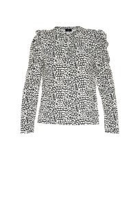 T-shirt à manches longues avec un col rond, présentant un imprimé abstrait noir et blanc, des détails de manches froncées et une coupe légèrement ajustée.