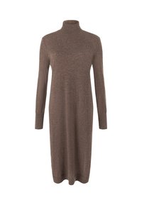 Abito midi in maglia marrone a maniche lunghe con colletto alto a dolcevita e polsini e orlo a costine.