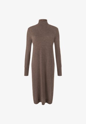 Abito midi in maglia marrone a maniche lunghe con colletto alto a dolcevita e polsini e orlo a costine.