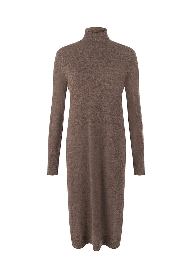 Abito midi in maglia marrone a maniche lunghe con colletto alto a dolcevita e polsini e orlo a costine.