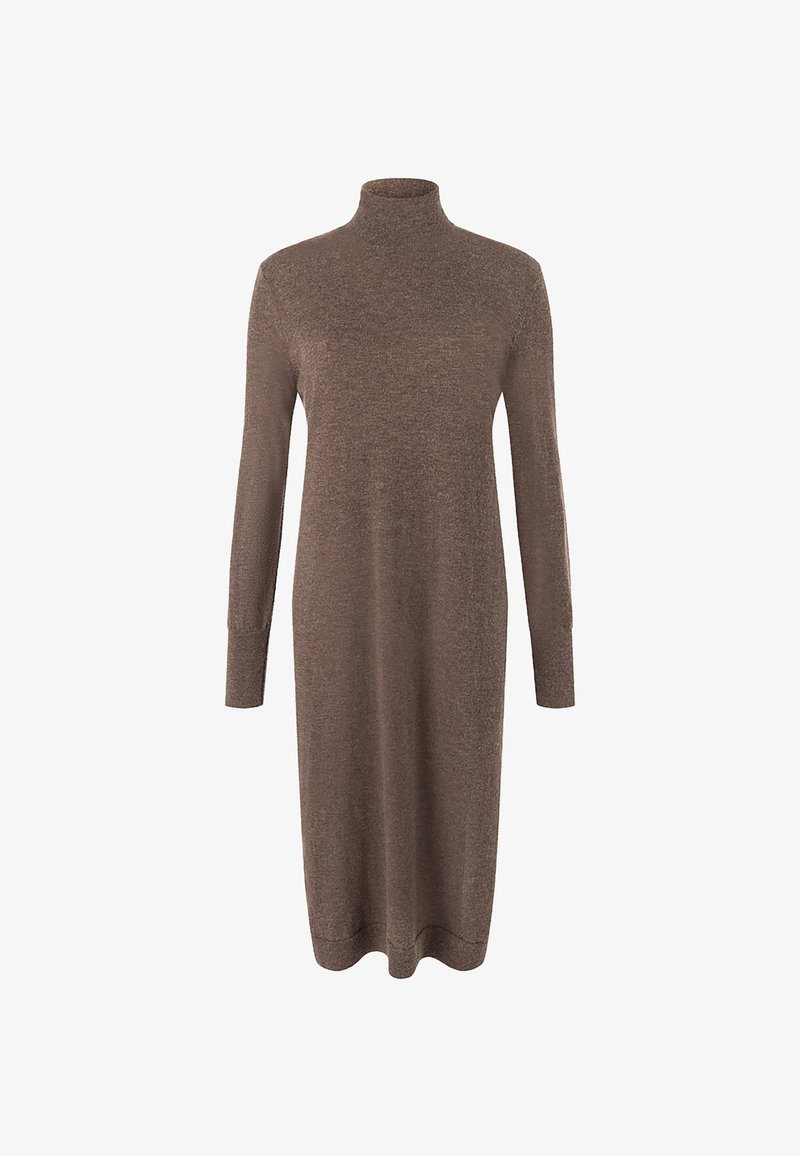Abito midi in maglia marrone a maniche lunghe con colletto alto a dolcevita e polsini e orlo a costine.