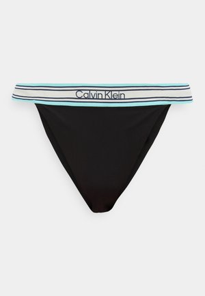 Zwarte bikinibroek met een lichtblauwe en wit gestreepte tailleband met het Calvin Klein-logo in het zwart gecentreerd.