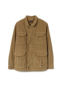 Giacca in velluto a coste marrone con colletto alla coreana, quattro tasche frontali e chiusura con bottoni. Tessuto strutturato con strisce verticali.