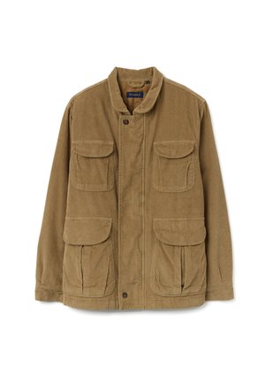 Giacca in velluto a coste marrone con colletto alla coreana, quattro tasche frontali e chiusura con bottoni. Tessuto strutturato con strisce verticali.