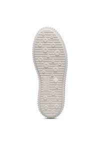 Suola di scarpa in gomma bianca con motivi texture circolari e ovali, caratterizzata da un bordo seghettato per una migliore aderenza e un logo impresso al centro.