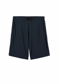 Tmavě modré sportovní šortky vyrobené z měkké látky, s elastickým pasem a stahovací šňůrkou a dvěma bočními kapsami na úložný prostor.