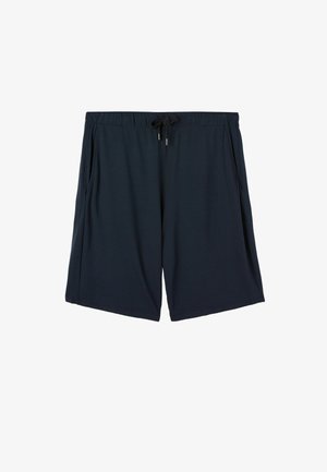 Tmavě modré sportovní šortky vyrobené z měkké látky, s elastickým pasem a stahovací šňůrkou a dvěma bočními kapsami na úložný prostor.