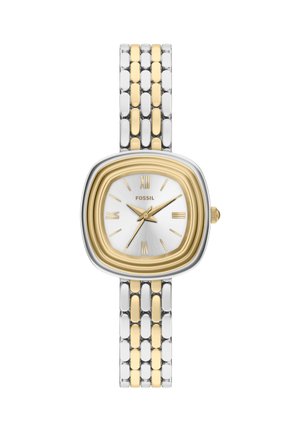 Damenuhr von Fossil mit quadratischem Gehäuse aus Gold und Silber, weißem Zifferblatt, goldenen römischen Ziffern und einem Gliederarmband aus silbernen und goldenen Metallgliedern.