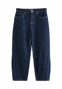 Mörkblå denimbyxor med avslappnat snitt, som har fem fickor, synliga sömmar och en tryckknappslåsning i midjan.