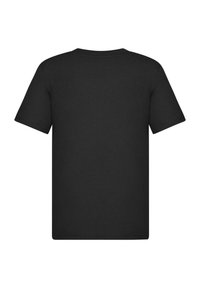 Juodas medvilninis T-shirt su trumpomis rankovėmis, apvalia kaklo iškirpte ir lygiąja nugara. Nėra matomų raštų ar akcentų.