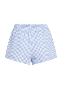 Shorts în carouri albastre deschise și albe, cu un centru elastic și o croială lejeră. Materialul este neted, cu un model în carouri pe tot parcursul.