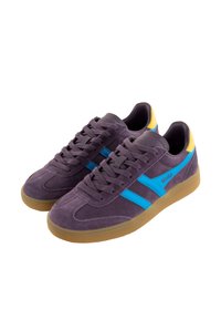 Purple suede sneakers with blue accents and gum rubber sole. Features a classic design with lace-up closure and padded collar.
