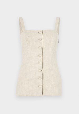 Beżowy, lniany top bez rękawów o dopasowanym kroju, z zapięciem na guziki z przodu i teksturowanym materiałem. Posiada proste ramiączka.