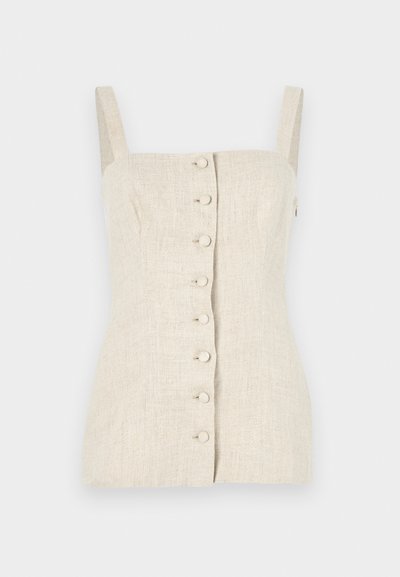 Beige linnen ermeløs topp med en tettsittende design, frontknapplukking og teksturert stoff. Har rettskårne skulderstropper.