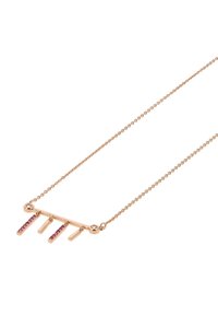 Roze gouden ketting met een horizontale balk en drie verticale hangers, versierd met roze edelstenen, aan een delicaate ketting.