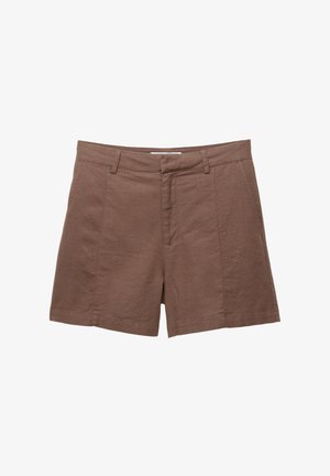 Braune Leinen-Shorts mit flachem Bund, zwei Vordertaschen und einer glatten Textur. Sie verfügen über eine taillierte Passform und einen geraden Saum am unteren Ende.