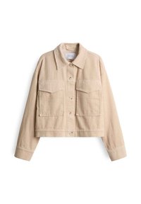 Beige Cordjacke mit Kragen, Knopfverschluss vorne und zwei Brusttaschen. Kurz geschnittenes Design mit langen Ärmeln.
