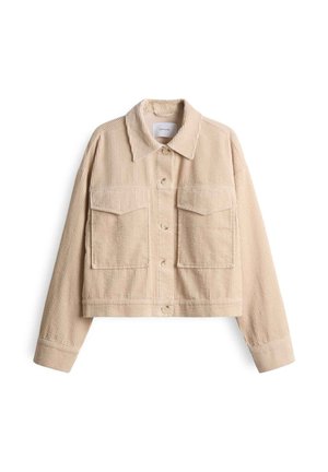 Beige corduroy jas met een kraag, sluiting met knopen aan de voorkant en twee borstzakken. Verkorte uitvoering met lange mouwen.