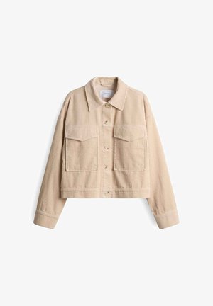 Beige corduroy jacket with a collared neckline, front button closure, and two chest pockets. Cropped design with long sleeves.