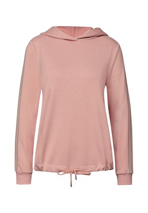 Světle růžová mikina z měkké látky, která má šňůrku na dolním lemu, dlouhé rukávy a kontrastní pruhy po stranách.